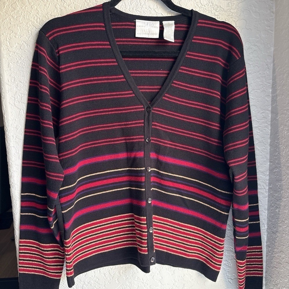 Vintage Liz Claiborne Womens Emma James Red Striped Button‎ Cardigan Knit M